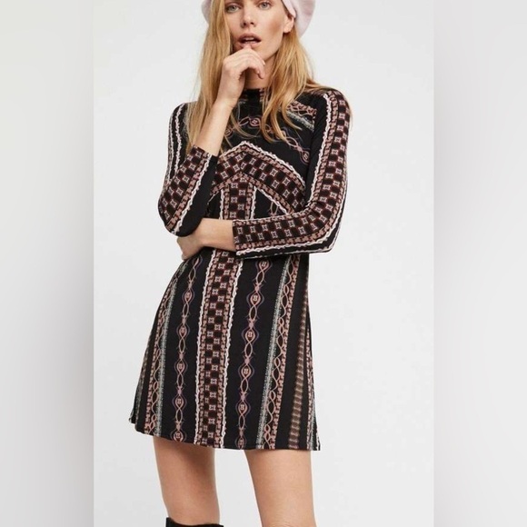 Free People “Stella” Dress Long Sleeves Retro Mini Mock Neck XS Bohemian Boho - Picture 1 of 9